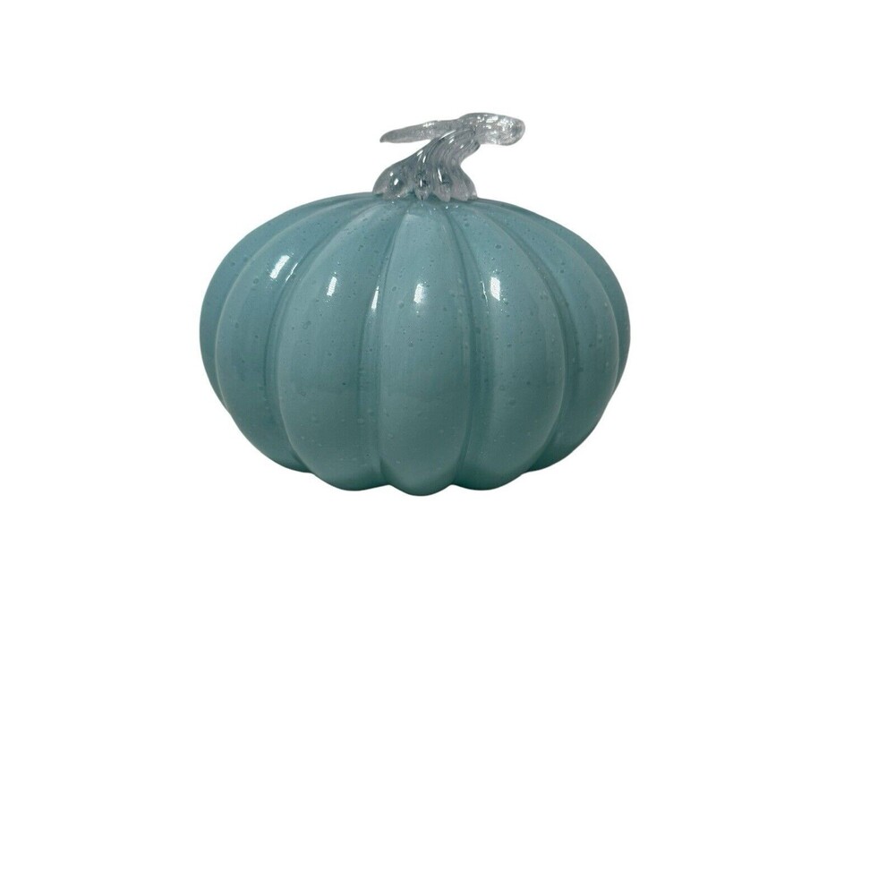 Pumpkin Hand-Blown Art Glass Fall Decor Blue Clear Silver With Stem- Autumn-